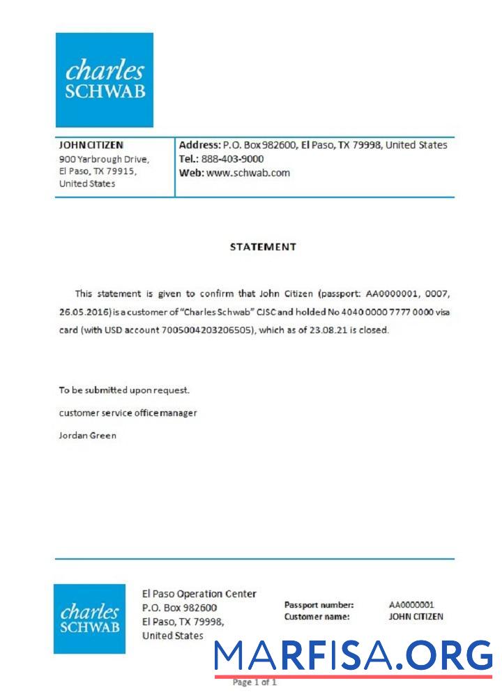 Downloadable USA Charles Schwab closure reference example